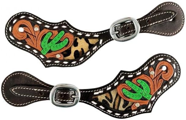 Showman Ladies Leather Spur Straps w/Cactus & Hair-On Cheetah Inlay