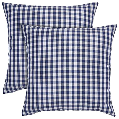 Checkered Cushion Covers, Set of 2 Plaid Throw Pillow Covers, Navy Blue and White, Buffalo Farmhouse Decorative Cushion Case, 50 x 50 cm Each Cover
