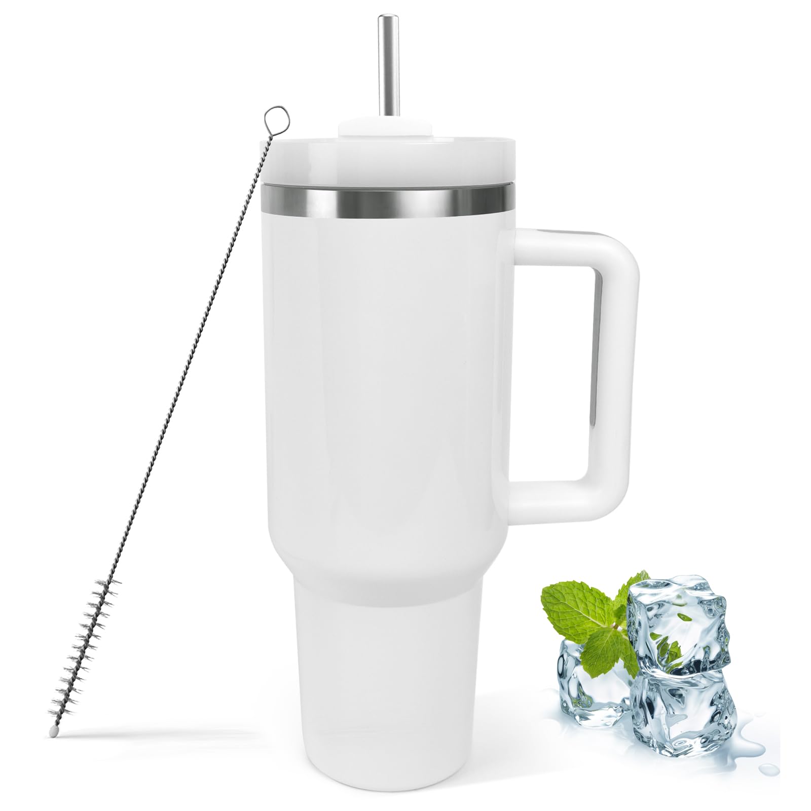 CafultgoSublimation Tumblers with Straw and Handle, 40oz Double-Walled Insulated Thermal Mug, Suitable for Home, Office or Car Reusable Cup with Straw Leak Resistant Flip, Blank White