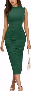 Women's Mock Neck Sleeveless Mesh Back Slit Ruched Bodycon Wedding Guest Cocktail Evening Party Maxi Dresses