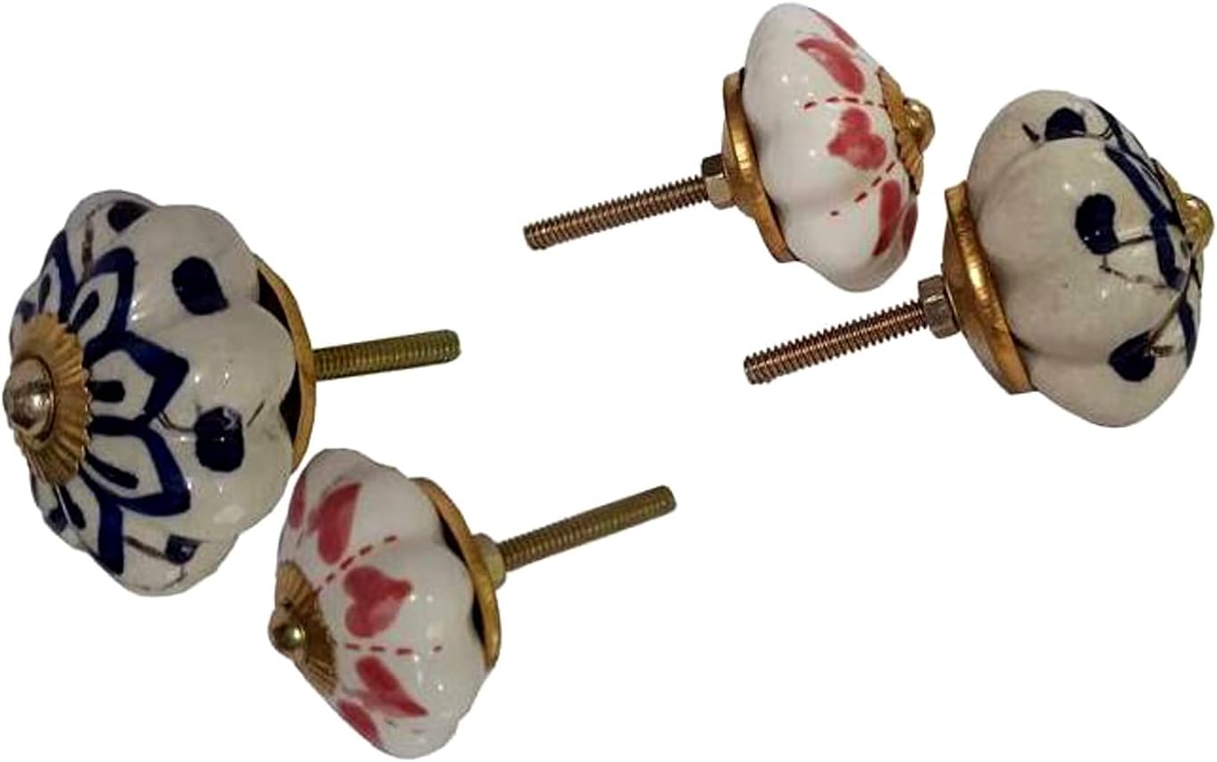 Purpledip Ceramic Knobs Set of 4: Door Drawer Cupboard Pull Handles, Multicolor (12403)