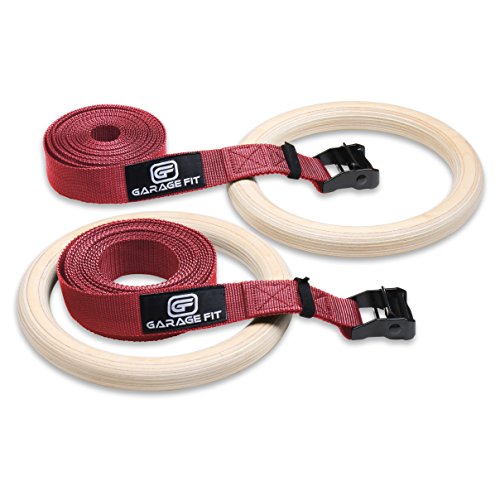 Wood Gymnastic Rings, Gym Rings, Fitness Rings, Exercise Rings, Wooden Gymnast Ring (1.25 inch Red Straps)