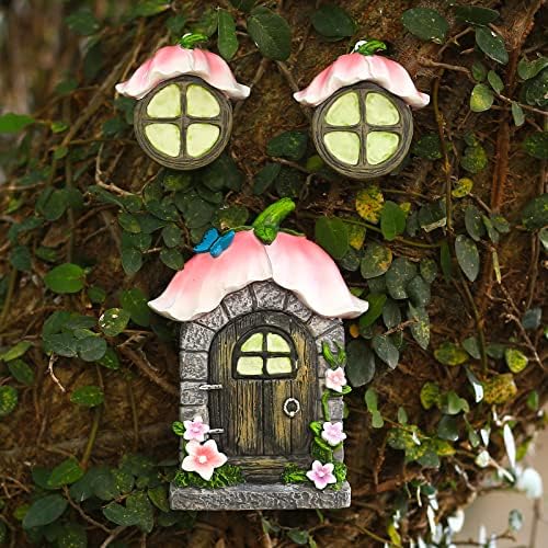 vomiceak Fairy Gnome Home for Tree Decor，Glow in Dark Fairy House Have Window and Door for Garden Decoration，Fairies Sleeping Door and Windows, Yard Art Garden Sculpture, Lawn Ornament image 5