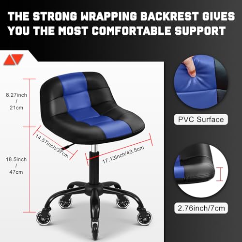 Image of Rolling Shop Stool with Wheels, Rolling Short Stool with Back Support, 360 Swivel Garage Chair, Height Adjustable Chair 330lb Heavy Duty for Spa Salon Massage Home Office Tattoo(Blue)