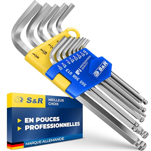 S&R Jeu Clés Allen en Pouces Longues. 13 Clefs Btr Américaines en Inches. Clés Six Pans Mâle Coudée avec Sphère pour Vélos, Motos, Voitures, Meubles, Électroménagers
