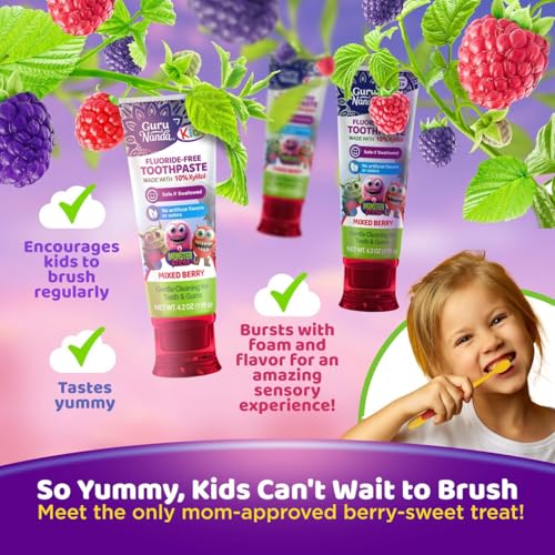 Image of GuruNanda Kids Toothpaste for Toddlers with 10% Xylitol - Fluoride-Free, Mixed Berry Flavor, Safe if Swallowed, Gentle & Safe for Young Teeth & Gums, 4.2 oz (Pack of 2)