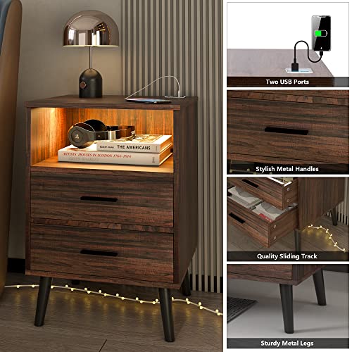 Lvsomt Nightstand With Charging Station And Usb Ports, Rustic Brown Bedside Table With Open Shelf, Mid Century Modern Nightstand With 2 Drawers, Night Stands For Bedroom… #TOP3