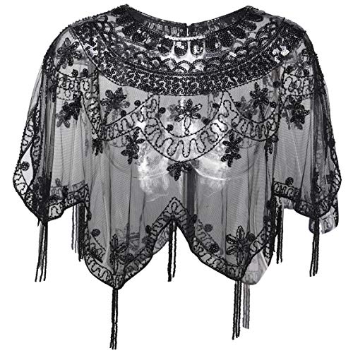BABEYOND Sequin Beaded Evening Cape 1920s Fringed Shawl Wraps Wedding Bridal Shawl Scarf (Black)