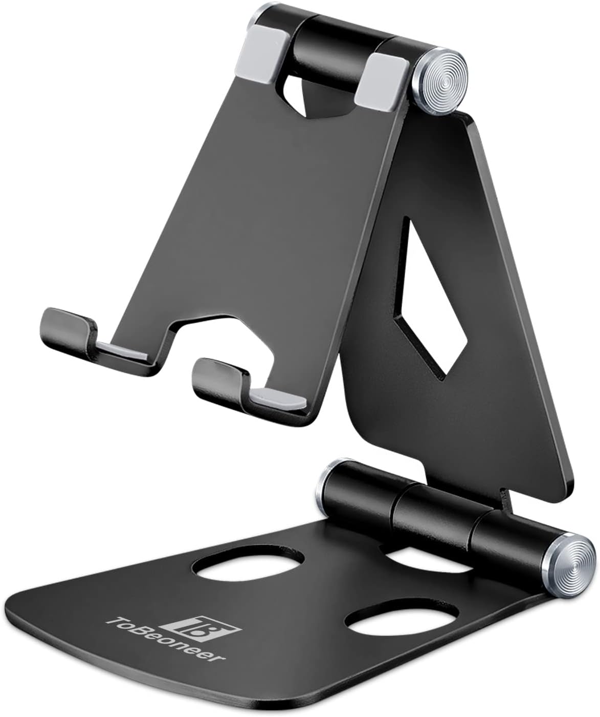 Mini Phone Stand Adjustable Cell Phone Stand for Desk Compatible with iPhone 15 14 13 12 Mini 11 XR XS X 8 7 6 Plus, Samsung, Huawei. Perfect for Office & Home Desk Decor. (Black)