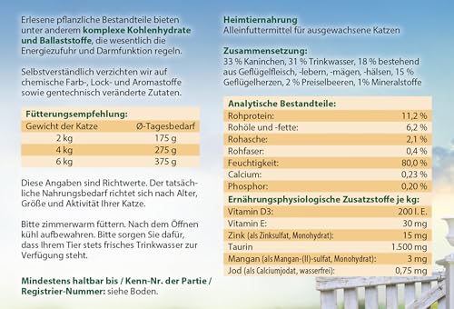 Dehner Best Nature Katzenfutter, Nassfutter, für ausgewachsene Katzen, Geflügelherzen / Kaninchen, 6 x 400 g Dose (2.4 kg)