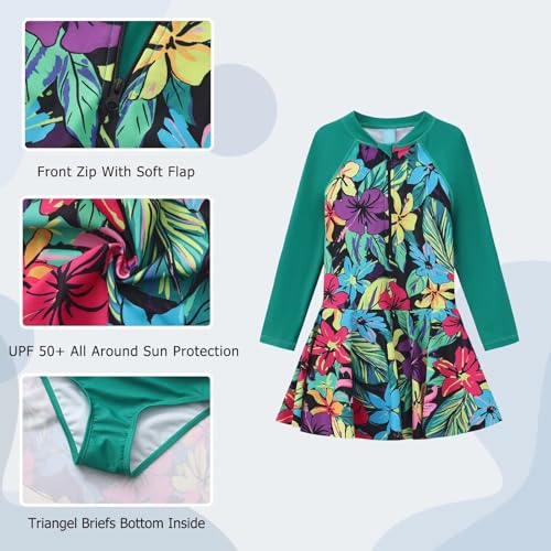 Image of Aisyee Girls One Piece Swimsuits Swim Dress for Girls Long Sleeve Rash Guard Bathing Suits Hawaiian Skirt Swimwear 3-16 Years