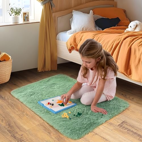 Small Area Rug, 2x3 Rug for Bedroom Shaggy Throw Rugs for Dorm Rug, Soft Shag Carpet for Kids Room, Plush Comfy Fluffy Bedside Rug for Home Decor Aesthetic, Mint Green