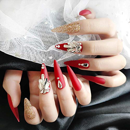 Sethexy Matt Stilett Lange Falscher Nagel Funkeln Kristall rot Falsche Fingernägel Gold Bling Drücken Sie auf Nägel 24St… – Bild 2