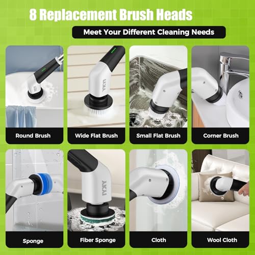 Image of YKYI Electric Spin Scrubber, Cleaning Brush for Home with 8 Replaceable Brush Heads, 480RPM /90Mins /2 Speeds, Electric Scrubber with Long Handle for Bathroom, Tile (Ivory)