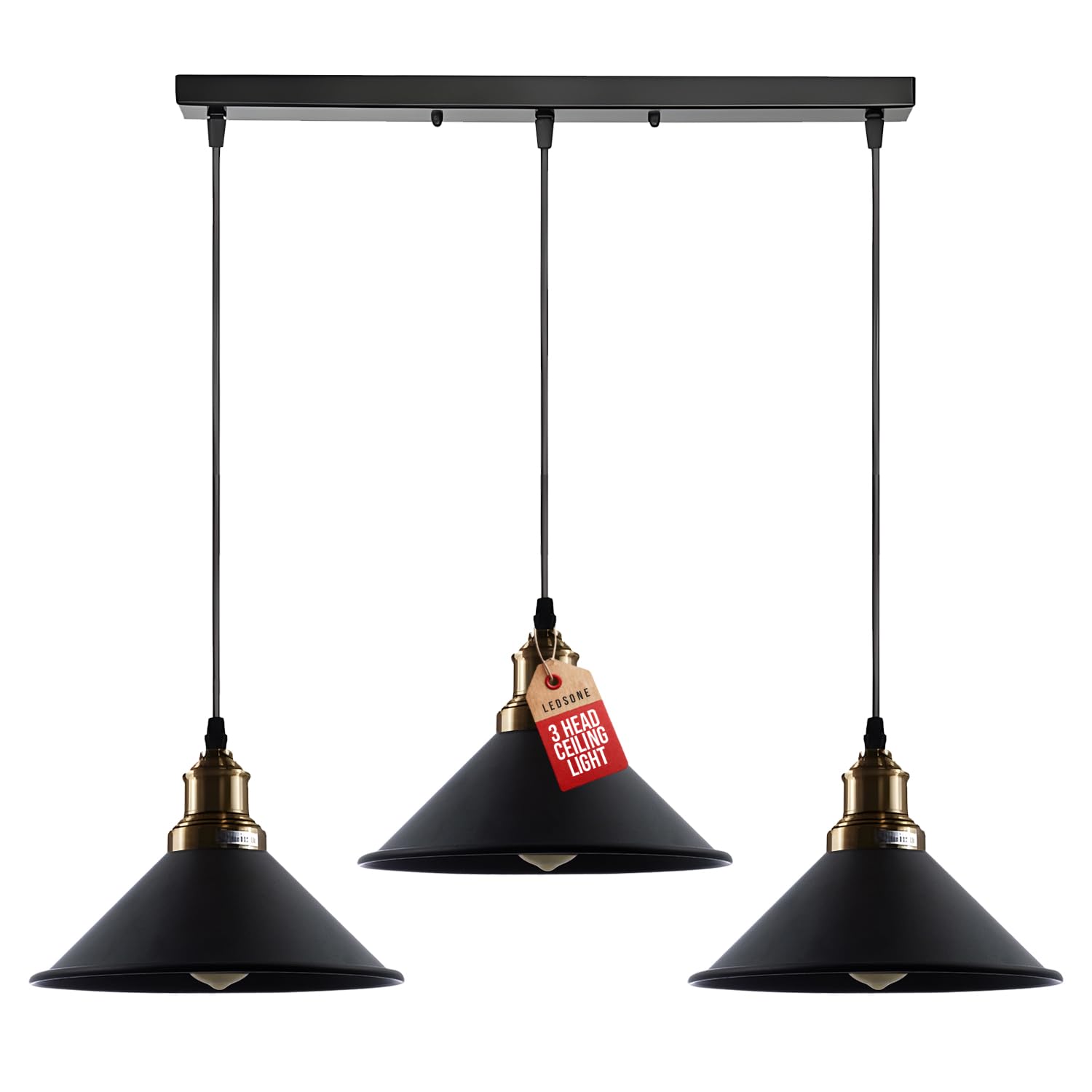 3 Head Black Vintage Industrial Ceiling Hanging Light Shade Loft Style Metal Ceiling Pendant Lamp for Kitchen Island, Living Room, Dining Room, Bar, Cafe, Hallway E27 UK Lighting