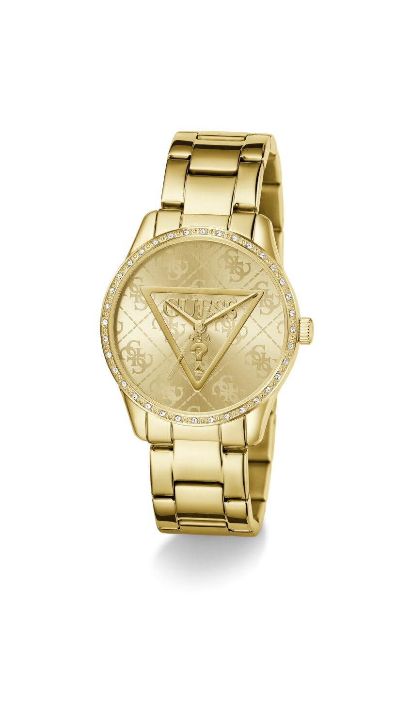 Guess Damen Armbanduhr Roxy mit Zirkonia, goldfarbenes Edelstahlarmband, Mineral Glas, goldfarbenes Ziffernblatt, 3 Bar, Gehäusedurchmesser: 36 mm, GW0987L2