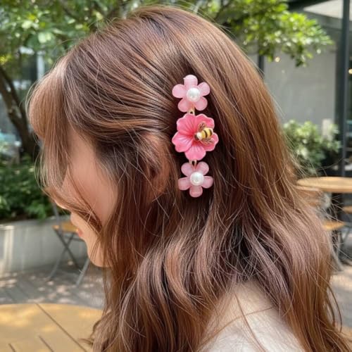 Image of Alvero 2Pc Elegant Flower Hair Clips for Women, Translucent Floral Barrettes with Pearl & Crystal Rhinestone, Cute Korean Style Clips for Wedding, Party - 6 x 2 x 1.5cm (Pack of 2 Piece) (Pink)