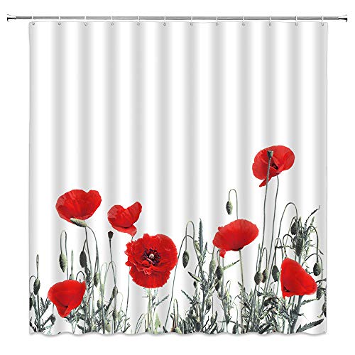 Ysatnsft Poppy Shower Curtain Red Flowers Watercolor Plants Spring Floral Vintage Nature Botany Blossom Bouquet Painting Fabric Bathroom Decor Set With Hooks,(70" Wx70 H) #TOP6