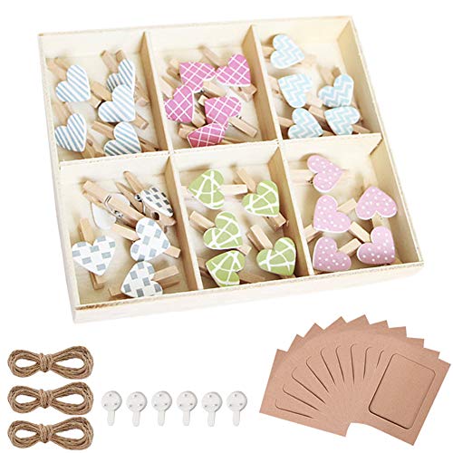 Sweieoni Madera Clips de Fotos Pinzas Marcos de Fotos de Papel 49 Piezas Hilo de Yute Uñas sin Rastro Marco de Foto de Papel de Pared para Fotos Manualidades Decoración Bricolaje