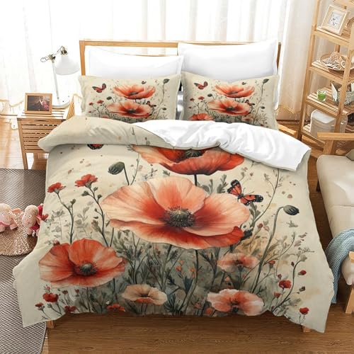 Housse de couette fleurs de pavot 140x200 parure lit microfibre single