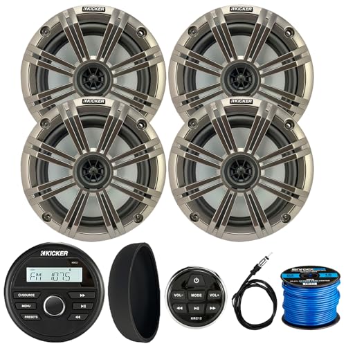 KICKER 46KMC2 Marine Bluetooth All-Weather AM/FM USB/AUX Gauge Style Media Center Receiver W/Black Cover & Remote Control, 4X 6.5 195W Max Power Coaxial Speakers W/Silver Grille, Antenna, Wire