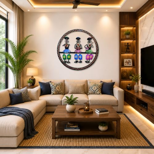 Image of Bharat Art Cap Lady in Ring Metal Wall Art | Tribal Musician Iron Wall Hanging Decor | Handmade Ethnic Round Wall Sculpture for Living Room Bedroom Office Hotel | Size 17 x 02 x 17 Inch | SKU W332 A