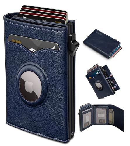 Image of miyozi Airtag Wallet for Men,with Cash Pocket 2 ID Window 9-12 Cards,Metal Case Smart Slim Pop Up Credit Card Holder Flip with Magnetic Closure RFID Blocking Trifold wallet with Gift Box