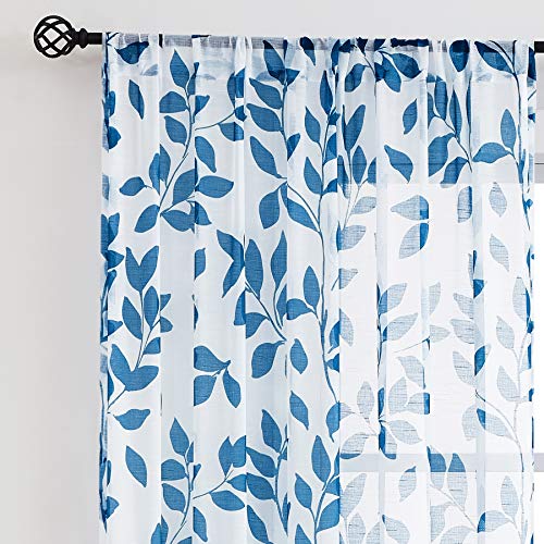 Image of Blue White Sheer Curtains for Living Room Print Leaves Botanical Semi-Sheer Drapes for Men's Boys' Bedroom Apartment Dorm 95inches Long Light Filtering Navy Leaf Window Treatment Sets 1 Pair