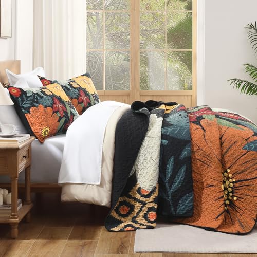 Image of Andency Floral Boho Queen Quilt Bedding Set Black, 3 Pieces Farmhouse Flower Botanical Summer Bedspreads with 2 Shams, Soft Reversible Lightweight Polyester Coverlet Set for All Season, 90 inchx96 inch