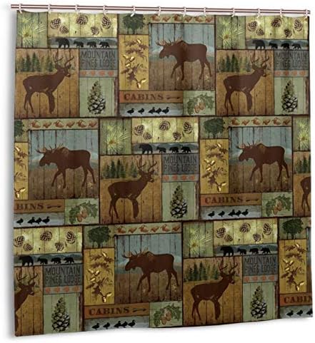 Retro Rustic Shower Curtain, Cabin Lodge Nature Wildlife Design Polyester Fabric Bath Curtains, Bear Moose Deer Bathroom Accessories Curtain Sets With Hooks 72x72 Inch