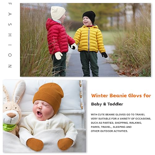 Image of Baby Beanie Hat Gloves Set, Kids Winter Warm Knit Hat with glvoes,Toddler Soft Beanie for Little Boys Little Girls Children