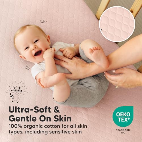 Image of 2-Pack Waterproof Crib Mattress Protector Cover Fitted - Quiet Baby Crib Mattress Pad Sheets, 52 inch x 28 inch Soft Quilted Cotton Baby Sheet, Machine Washable, Easy Fit, Durable (Cameo /Mavy)