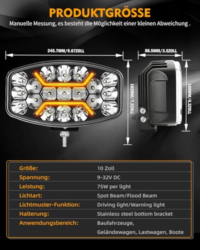 CO LIGHT 2PC 10 Zoll LED Fernscheinwerfer 12/24v,150W 180° Justierbar Arbeitsscheinwerfer IP69 Wasserdicht ECE weiß Amber Zusatzscheinwerfer Auto für LKW, Traktor,4x4, ATV, Boot