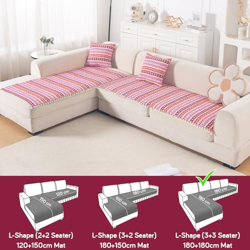 Image of HOKIPO L Shape (3+3 Seater) Sofa Cover Seat Mat | 300 GSM Cotton Acrylic Jacquard Fabric with Tassel, 'Trivana Series' Hot Pink (IN-936-J3*2)