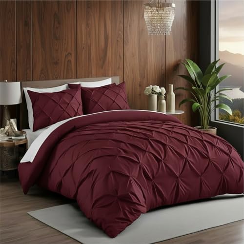 Image of Pinch Pleated Duvet Cover Set 1000TC 100% Cotton Premium 3-Pieces 1-Duvet Cover & 2-Pillow Cover Luxury Look Home and Hotel Zipper & 8-Tie Closure (Burgundy, Super King 100 X 108 Inch)