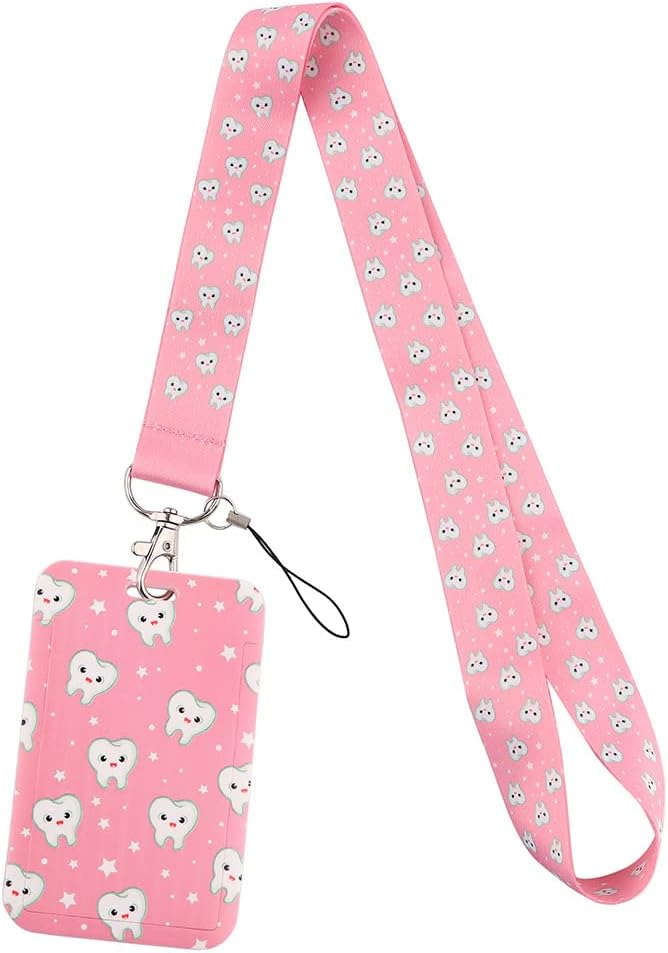 Cartoon Lanyard ID Holder Kawaii Key Card Cute Badge Holder with Lanyards for Girls Women Gift (Pink)