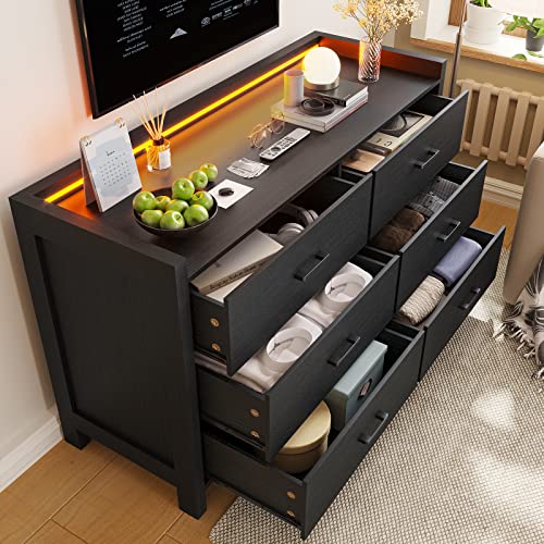 Ephex Dresser For Bedroom, 6 Drawer Double Dresser With Led Lights, Wood Chest Of Drawers, Modern Storage Dresser For Bedroom, Black #TOP4
