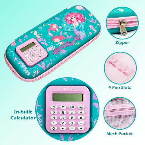 Image of VGRASSP Stationery Pencil Pouch for Kids with Mini Calculator - Mermaid Theme Zipper Case with Multi Storage Compartments - School Supplies Organizer - Multicolor