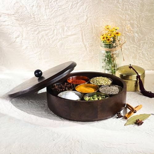 Image of Handcrafted Wooden Spice Box with Lid - Round Masala Dabba Organizer with 7 Stainless Steel Containers for Spices, Condiments & Kitchen Storage