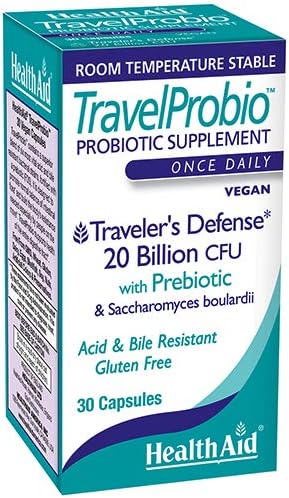 TravelProbio - Probiótico de 20 mil millones de UFC – Saccharomyces boulardii + Prebiótico (FOS), resistente a ácidos y bilis – Vegano una vez al
