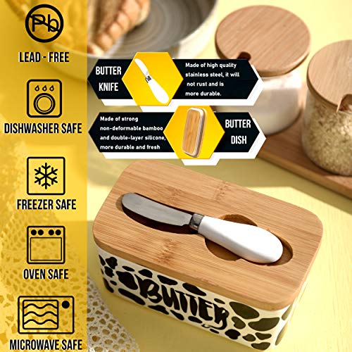 Lumicook Cow Butter Dish With Knife, Farmhouse Butter Dish, Covered Butter Holder, Fits Two Sticks Of Butter, Large Covered Tray With Bamboo Lid #TOP3