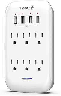 Fosmon 6 Outlet Wall Surge Protector, Multi Plug Outlet Extender, Outlet Wall Mount Adapter Outlet Splitter with 4 USB Charging Ports (4.2A) and Top Phone Holder- ETL Listed, 1225 Joules