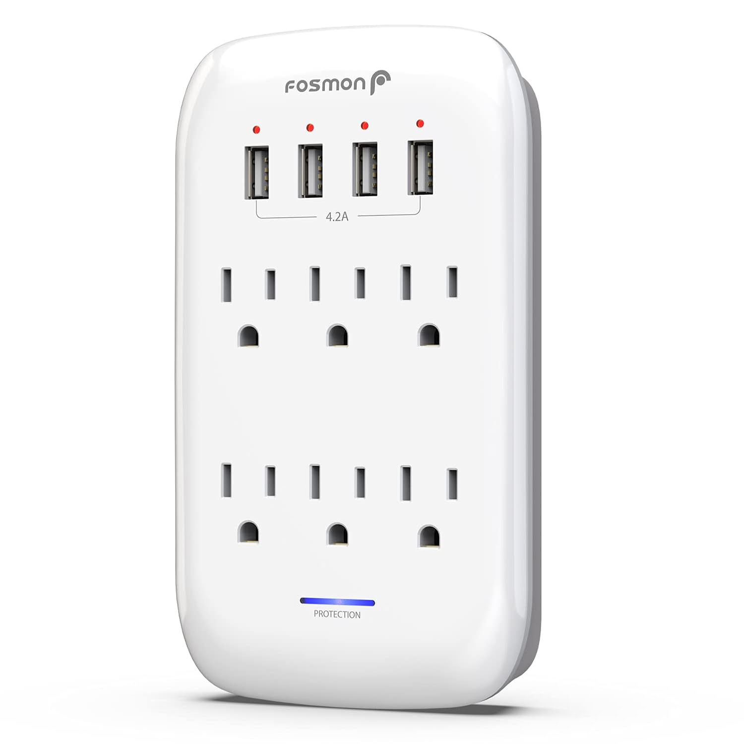 Fosmon 6 Outlet Wall Mount Surge Protector, 3-Prong Surge Suppression 1200 Joules, 15A 125VAC 60Hz 1875Watts Wall Outlet Adapter, Grounded LED, ETL Listed (4 USB-A (1 Pack))