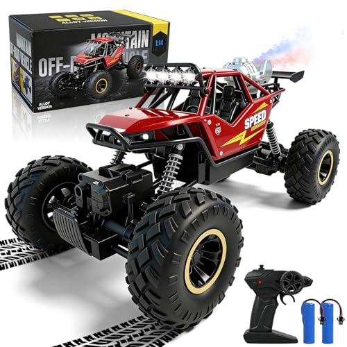 HERMORRYSS Carrinho telecomandado, 1:14 2,4 GHz carro remoto, carro RC 4 x 4 com spray, iluminação e 2 baterias 60 - 80 Min Play, Offroad Monster RC Truck, presentes adequados para crianças 3+ anos