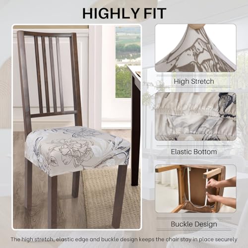 Image of SearchI Dining Chair Seat Covers Set of 4, Stretch Removable Chair Covers for Dining Chairs, Kitchen Chair Covers Protector(Beige and Blue Flower)