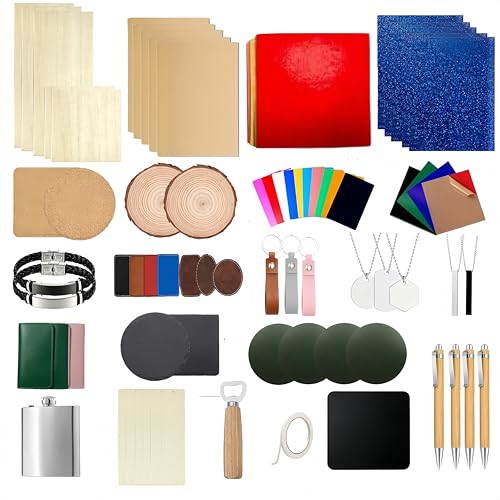 Laser Engraving Material Kit, 114 PCS 22 Types Wood Acrylic Metal Leather Blanks for Beginner, DIY Gifts, Laser Cutter Engraver Testing