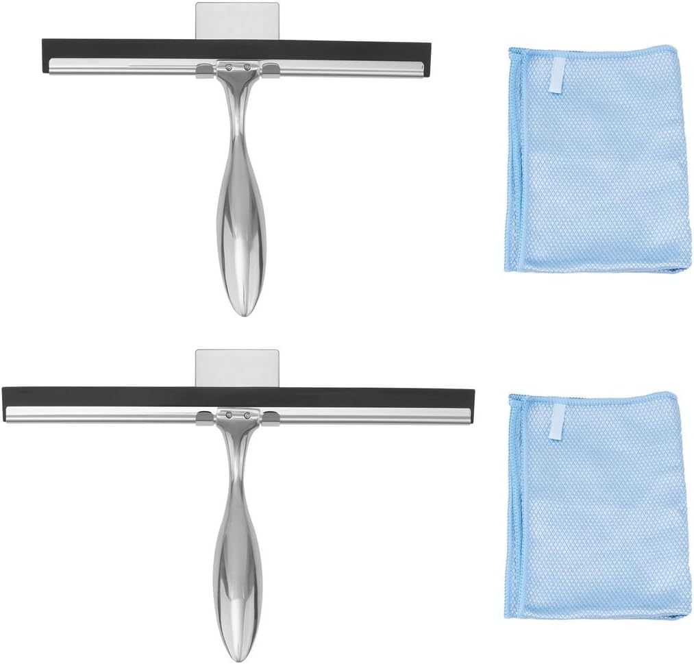 Stainless Steel Squeegees for Shower Door, Glass Doors Shower Squeegees, 2 Packs Window Squeegees, 10” 12”, with Wall Hook Holders and Superfine Microfiber Cloths for Bathroom, Window