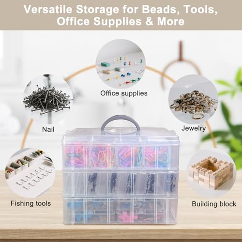 Image of 59 PCS Stackable Bead Organizer Box with Removable Cases, Labels & Handle | Clear Plastic Storage for Beads, Jewelry, Diamond Painting, Screws, Crafts, and Small Parts With Hinged lids