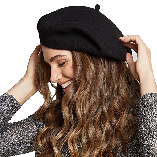 Womens Wool French Beret Chic Solid Beanie Hat Stretchable Classic Beret 22.5 for One Size (as1 Alpha one_Size Solid Black 22.5 fit for One Size)