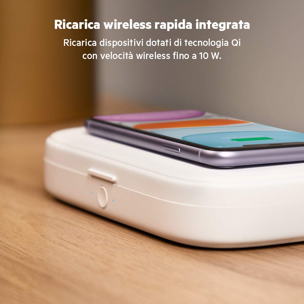 Belkin Boost Charge Sterilizzatore a raggi UV + Ricarica Wireless Rapida (elimina il 99% dei batteri, sterilizza telefoni, chiavi, carte di credito) per iPhone, Samsung, Google ecc, con alimentatore